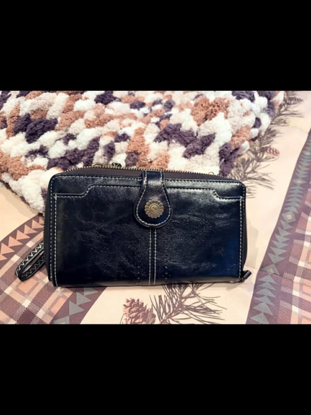 Classic Black Women's Zip-Around Wallet with Floral Snap